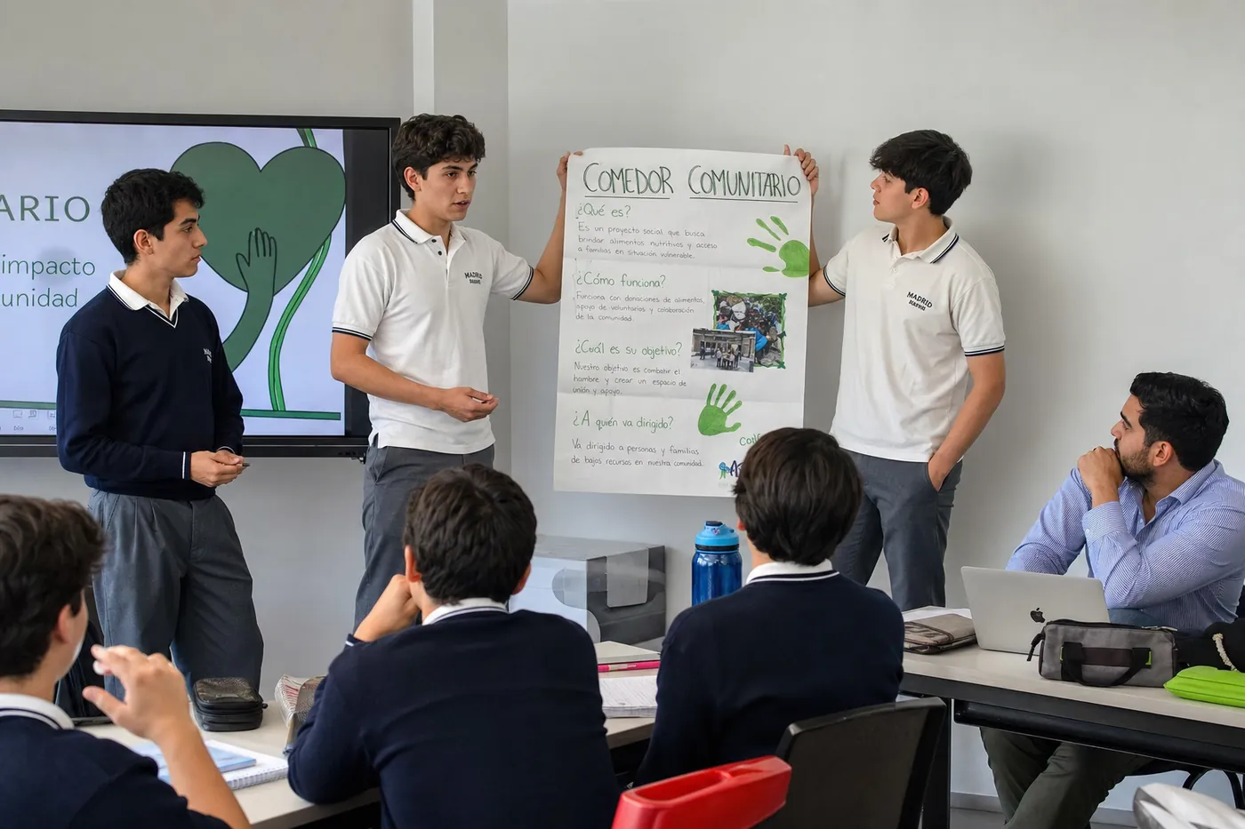 Alumnos varones de preparatoria presentando proyecto social en colegio privado latinoamericano