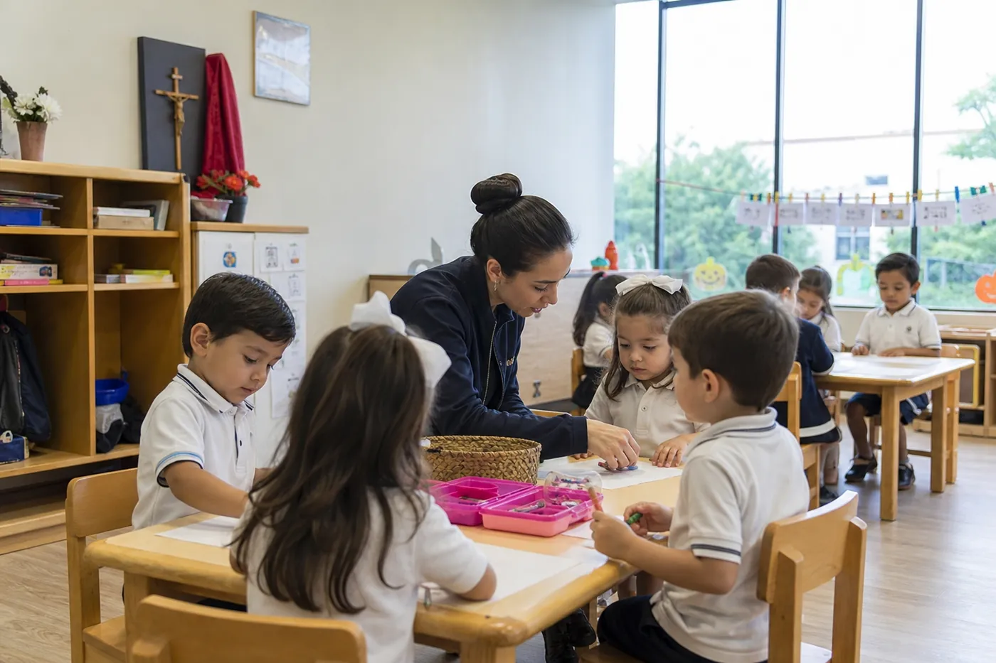 Niñas y niños en aula de preescolar de colegio católico privado