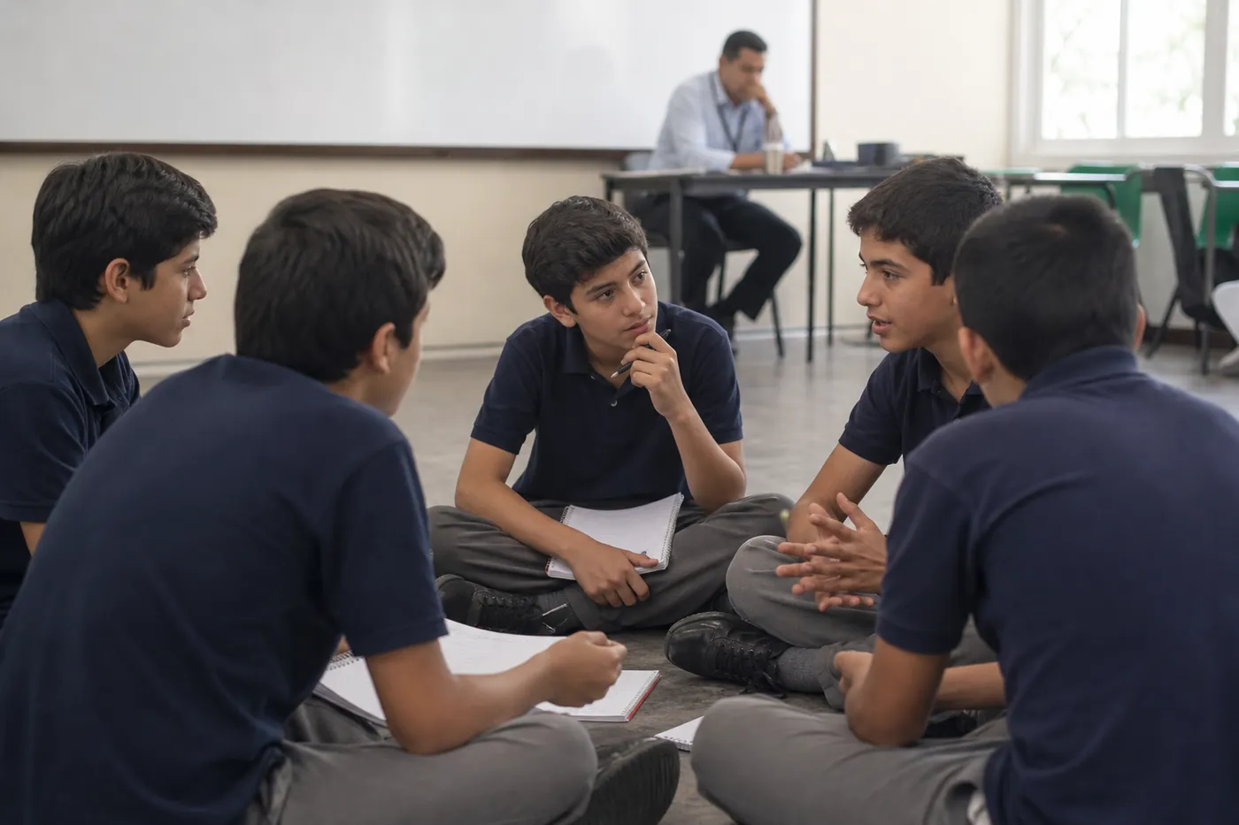 Estudiantes varones en actividad de reflexión grupal en aula de colegio privado