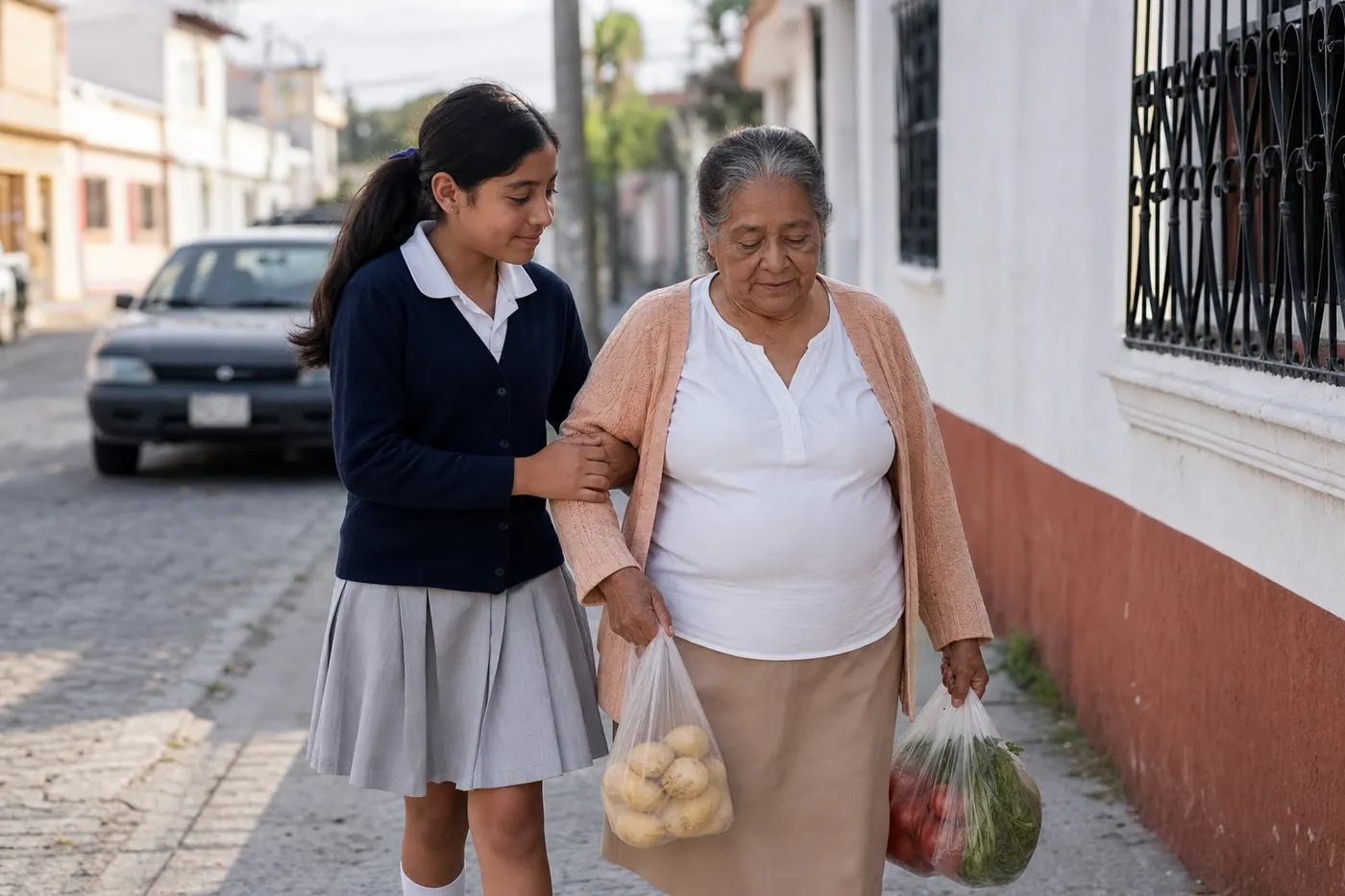 Alumna de secundaria acompañando a una persona mayor en su comunidad