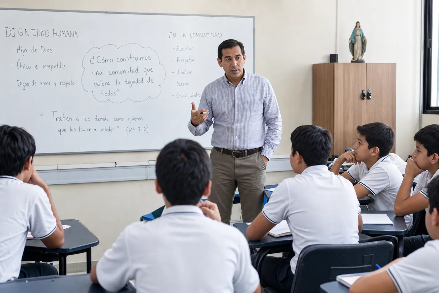 Maestro con alumnos varones en sesión formativa en aula de colegio privado